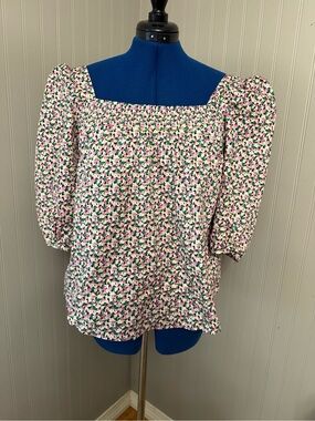 H&M Large 100% Cotton Floral Square-Neck Puff Sleeve Top in White and Pink